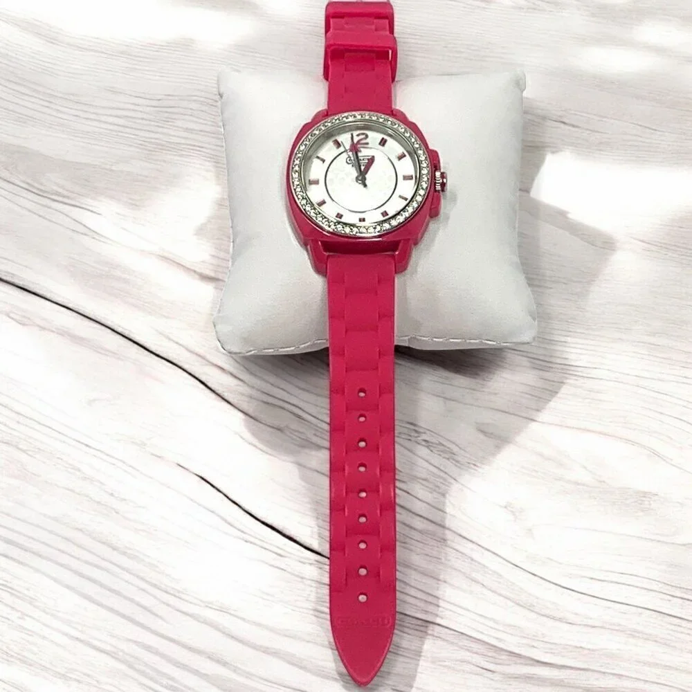 Coach Women's Boyfriend Watch Pink Silicone Strap With Crystal Bezel & Logo